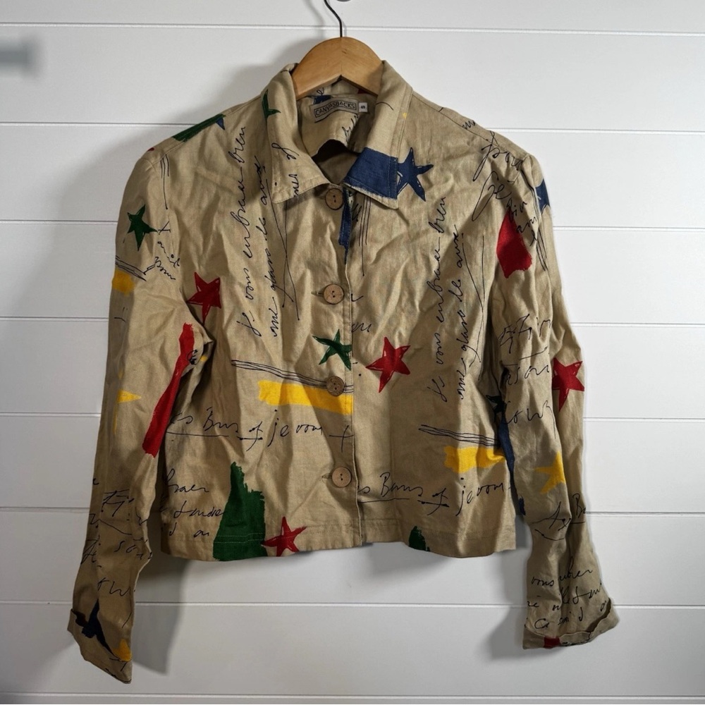 CanvasBacks button up shirt with stars colorful size small Linen